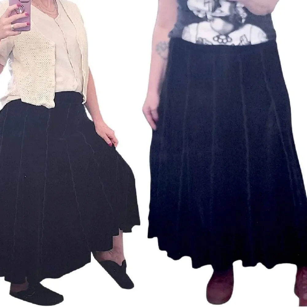 VTG Y2K Black Velvet Panelled Pull On‎ Whimsigoth Midi Skirt Large A Line Goth